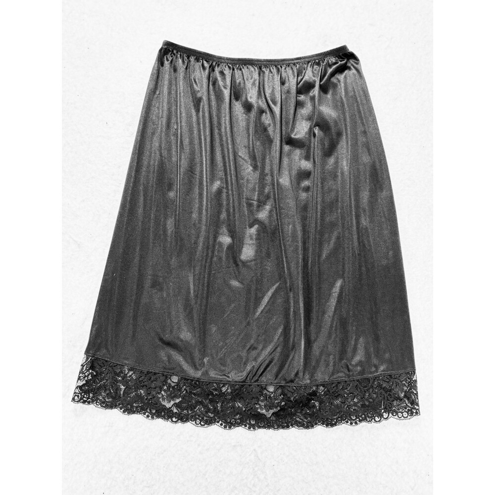 Vintage Vanity Fair Black Half Slip-Small-Lace Trim-Elastic Waist-Slit-Skirt